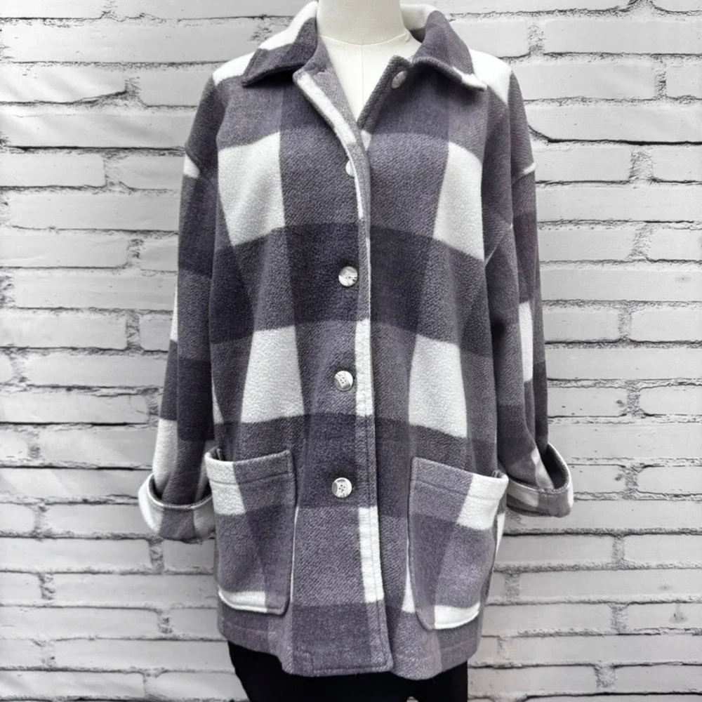 NY‎ 10018 Plaid Fleece Womens M Lavender Purple Buffalo Check Button Jacket